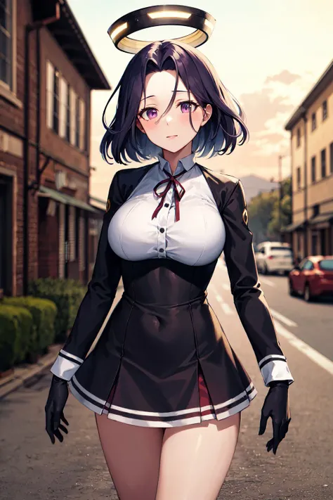 masterpiece, best quality, highres, aatats, mechanical halo, large breasts, black dress, neck ribbon, long sleeves, black gloves, <lora:tatsuta_(kancolle)_v1:0.7>, outdoors, cowboy shot, standing,