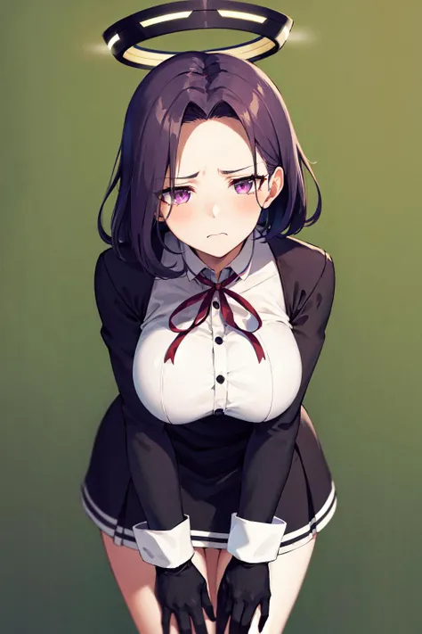 masterpiece, best quality, highres, aatats, mechanical halo, large breasts, black dress, neck ribbon, long sleeves, black gloves, <lora:tatsuta_(kancolle)_v1:0.7>, leaning forward, frown,