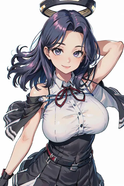<lyco:tatsuta_(kancolle)_v1:0.8> huge breasts,bbtats, mechanical halo, long hair, large breasts, sleeveless shirt, neck ribbon, capelet, black gloves, black skirt,armpit,
(best quality, masterpiece, RAW photo,ultra-detailed:1.2), <lyco:GoodHands-beta2:1.0>,1girl,solo,looking at viewer,smile