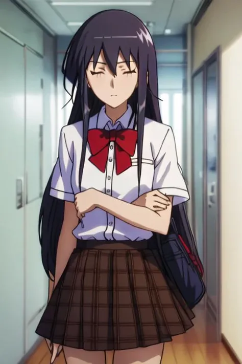 best quality, masterpiece, highres, solo, {amakusa_shino_seitokaiyakuindomo:1.15}, long_hair, black_hair, brown_eyes, bow, 1girl, closed_eyes, school_uniform