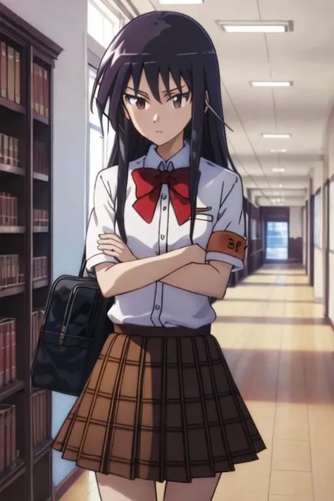 best quality, masterpiece, highres, solo, {amakusa_shino_seitokaiyakuindomo:1.15}, long_hair, black_hair, brown_eyes, bow, 1girl, plaid, school_uniform, skirt, plaid_skirt, crossed_arms