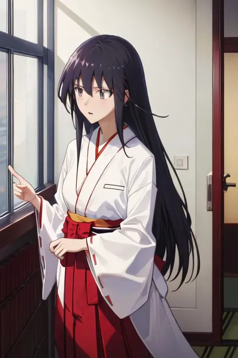 best quality, masterpiece, highres, solo, {white kimono:1.35}, {red hakama:1.35}, {wide sleeves:1.20}, {amakusa_shino_seitokaiyakuindomo:1.15}, long_hair, black_hair, brown_eyes, bow