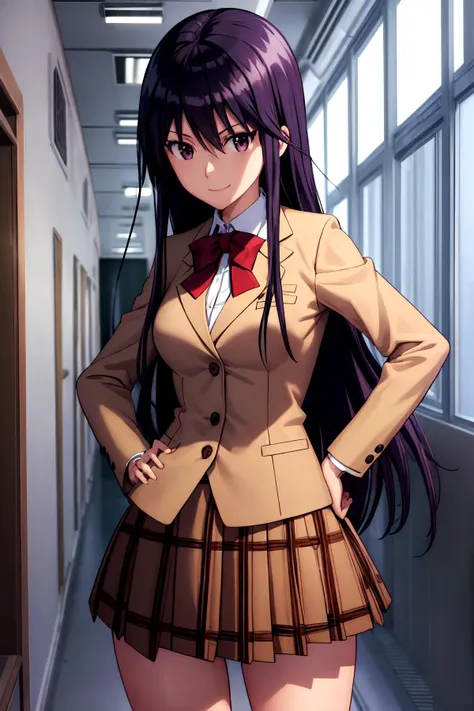 (masterpiece), (prefect composition), prefect anatomy, illustration, extremely detailed, dynamic angle, 1girl, amakusa_shino_seitokaiyakuindomo, solo, long bangs, standing, hands on hips, confident, smile, school_uniform, blazer, plaid_skirt, after school, corridor, focus sharp, advanced cg, amazing quality.
<lora:amakusa_shino_seitokaiyakuindomo:0.6> <lora:add_detail:0.25>