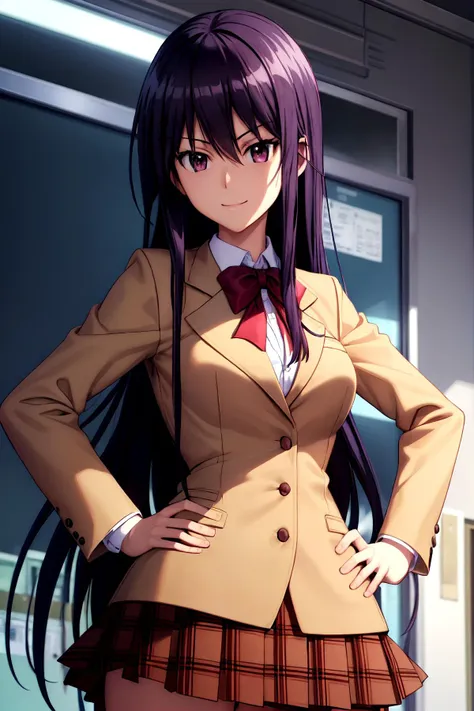 (masterpiece), (prefect composition), prefect anatomy, illustration, extremely detailed, dynamic angle, 1girl, amakusa_shino_seitokaiyakuindomo, solo, long bangs, standing, hands on hips, confident, smile, school_uniform, blazer, plaid_skirt, after school, focus sharp, advanced cg, amazing quality.
<lora:amakusa_shino_seitokaiyakuindomo:0.6> <lora:add_detail:0.25>