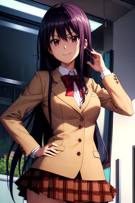 (masterpiece), (prefect composition), prefect anatomy, illustration, extremely detailed, dynamic angle, 1girl, amakusa_shino_seitokaiyakuindomo, solo, long bangs, standing, hands on hips, confident, smile, school_uniform, blazer, plaid_skirt, after school, focus sharp, advanced cg, amazing quality.
<lora:amakusa_shino_seitokaiyakuindomo:0.6> <lora:add_detail:0.25>