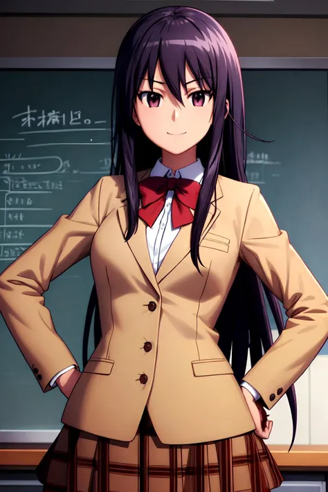 (masterpiece), (prefect composition), prefect anatomy, illustration, extremely detailed, dynamic angle, 1girl, amakusa_shino_seitokaiyakuindomo, solo, long bangs, standing, hands on hips, confident, smile, school_uniform, blazer, plaid_skirt, after school, focus sharp, advanced cg, amazing quality.
<lora:amakusa_shino_seitokaiyakuindomo:0.6> <lora:add_detail:0.25>