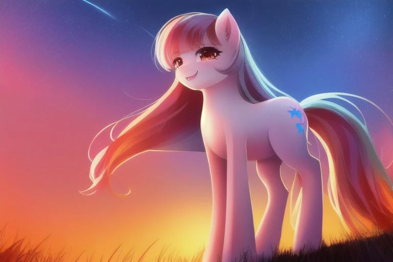 (A transparent pony), cute, adorable, (female), rendered, 8k quality, best resolution, masterpiece, wonderful render, round legs, adorable hooves, long hair, straight hair, distinct color ,radiant sky, sundown, night, stars, lights, photorealistic, best quality, unreal engine, universe, sun, (giant planet background: Saturn), floating, gliding, extreme render