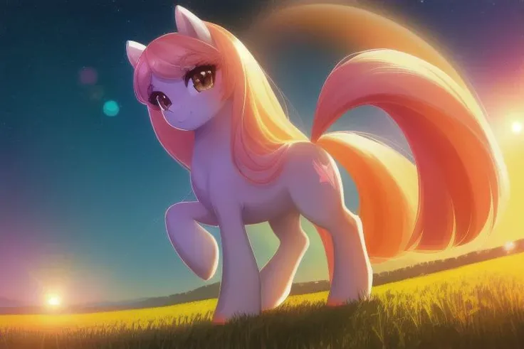 (A transparent pony), cute, adorable, (female), rendered, 8k quality, best resolution, masterpiece, wonderful render, round legs, adorable hooves, long hair, straight hair, distinct color ,radiant sky, sundown, night, stars, lights, photorealistic, best quality, unreal engine, universe, sun, (giant planet background: Saturn), floating, gliding