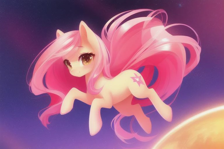 (A transparent pony), cute, adorable, (female), rendered, 8k quality, best resolution, masterpiece, wonderful render, round legs, adorable hooves, long hair, straight hair, distinct color ,radiant sky, sundown, night, stars, lights, photorealistic, best quality, unreal engine, universe, sun, (giant planet background: Saturn), floating, gliding