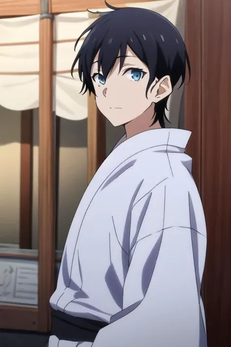 masterpiece, best quality, high quality, 1boy, solo, male focus, looking at viewer, upper body, <lora:glenn_litbeit:0.74>, glenn_litbeit, black hair, blue eyes, yukata