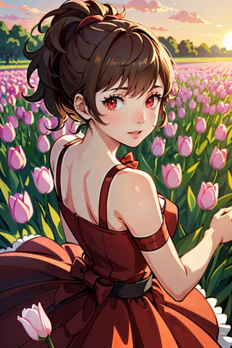 ((masterpiece, best quality))
<lora:Persona3KotoneShiomi:0.8>
Persona3KotoneShiomi, 1girl, solo, brown hair, red eyes, In a field of tulips at golden hour, elegant dress, twirling with joy