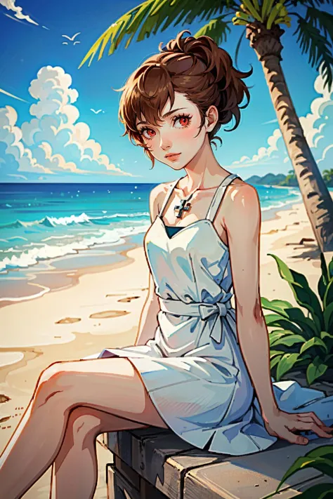 ((masterpiece, best quality))
<lora:Persona3KotoneShiomi:0.8>
Persona3KotoneShiomi, 1girl, solo, brown hair, red eyes, on the sandy beach, minidress, palm trees in the background, sitting cross-legged