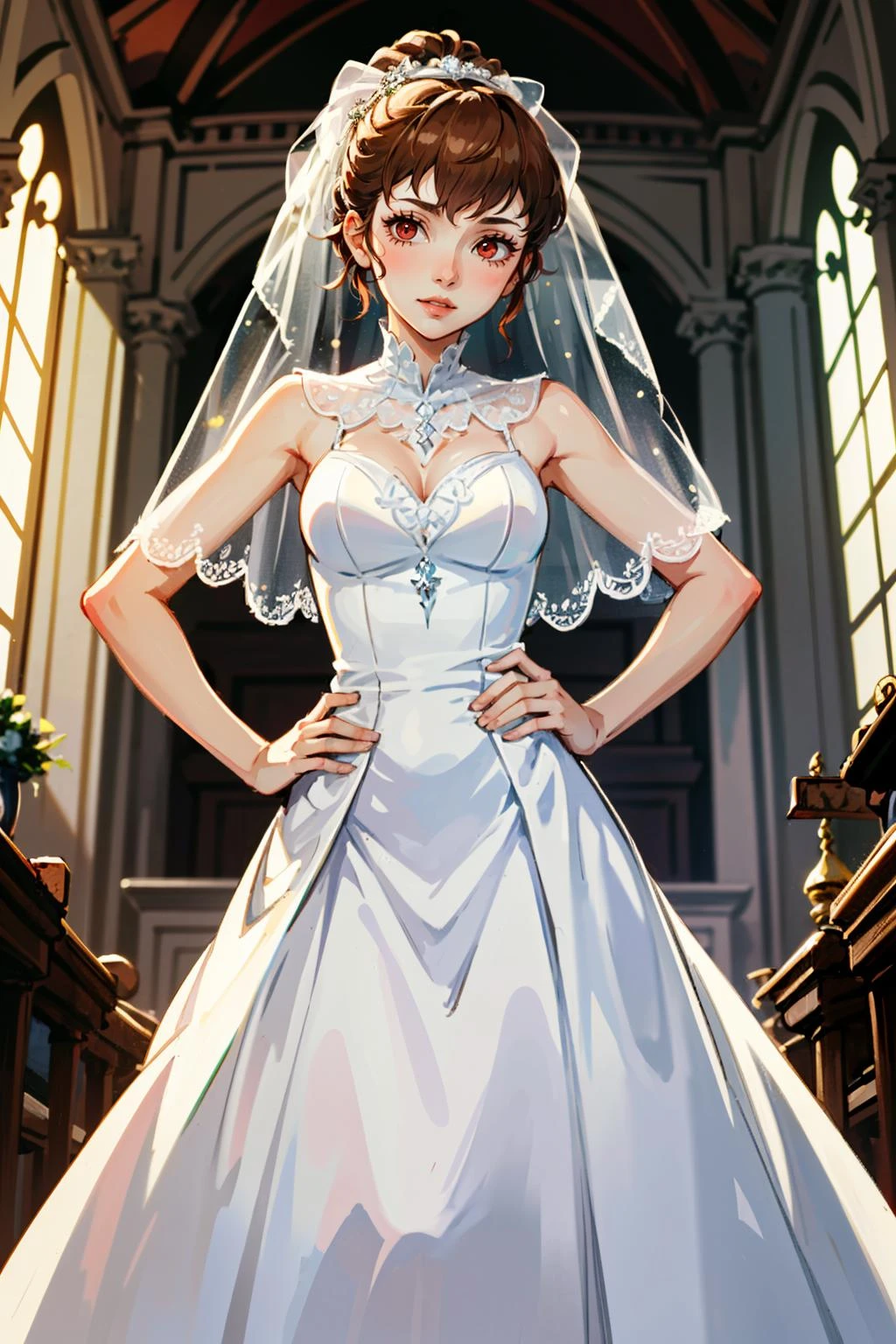 ((masterpiece, best quality))
<lora:Persona3KotoneShiomi:0.8>
Persona3KotoneShiomi, 1girl, solo, brown hair, red eyes, wearing a stunning wedding dress, bridal veil, inside a beautiful church, with hands on hips