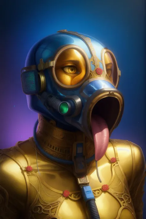 solo female ring_gag, gas mask, tongue out, <lora:ring_yiffy35_v2-32:0.6> by Beksinski and Moebius and Mucha, digital Art, dark fantasy, baroque elements, vivid colors, trending on artstation, detailed faces, hyper detailed, cinematic, cgsociety, unreal engine, golden ratio, hypermaximalist, composition, 4k, 8k, HD, octane render, ultra high resolution, intricate details, hyper realistic, intricate details, photo real, extremely detailed