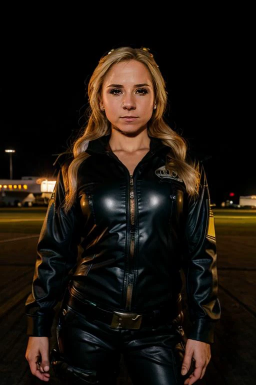 cop costume , airfield , dusk <lora:Sarah_Jane_Honeywell:1> masterpiece,best quality, detailed face, 1girl, solo, sj1873h, blonde_hair