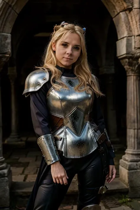 knight costume , ruins , dusk <lora:Sarah_Jane_Honeywell:1> masterpiece,best quality, detailed face, 1girl, solo, sj1873h, blonde_hair