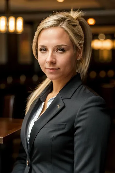 business suit, in a restaurant, <lora:Sarah_Jane_Honeywell:1> masterpiece,best quality, detailed face, 1girl, solo, sj1873h, blonde_hair, pony tail