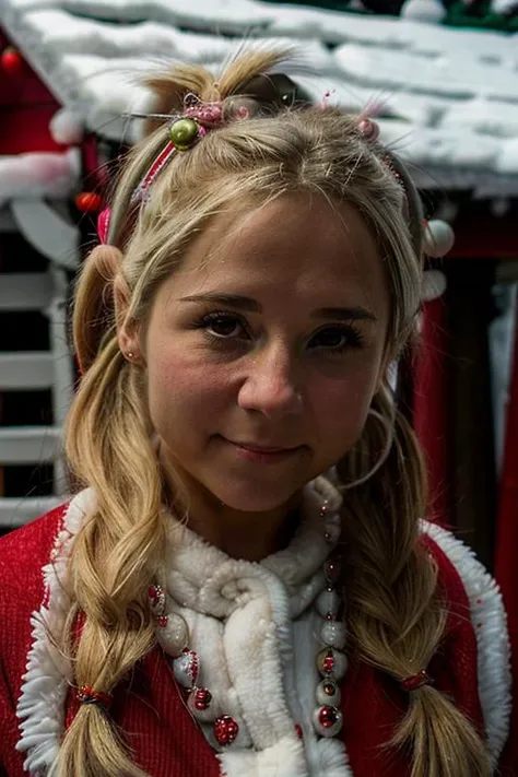 15 year old girl, blonde hair, children's pigtails hair, hair ribbon, happy expression, Caucasian facial structure, golden necklace, she is wearing a tight red dress, bare shoulders, in a bedroom