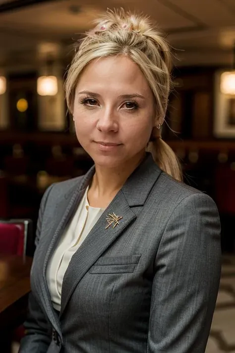 business suit, in a restaurant, <lora:Sarah_Jane_Honeywell:1> masterpiece,best quality, detailed face, 1girl, solo, sj1873h, blonde_hair, pig tail