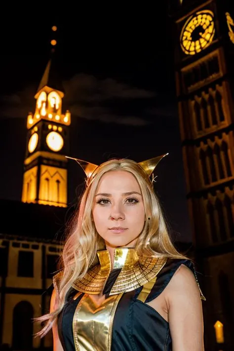 pharaoh costume , clock tower , evening <lora:Sarah_Jane_Honeywell:1> masterpiece,best quality, detailed face, 1girl, solo, sj1873h, blonde_hair