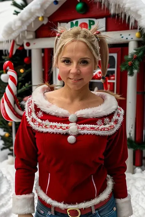 mrs santa claus, santas grotto, north pole, elves, snowmen, candy canes, snow, icicles,  <lora:Sarah_Jane_Honeywell:1> masterpiece, best quality, detailed face, 1girl, solo, a young sj1873h, blonde_hair pony tail