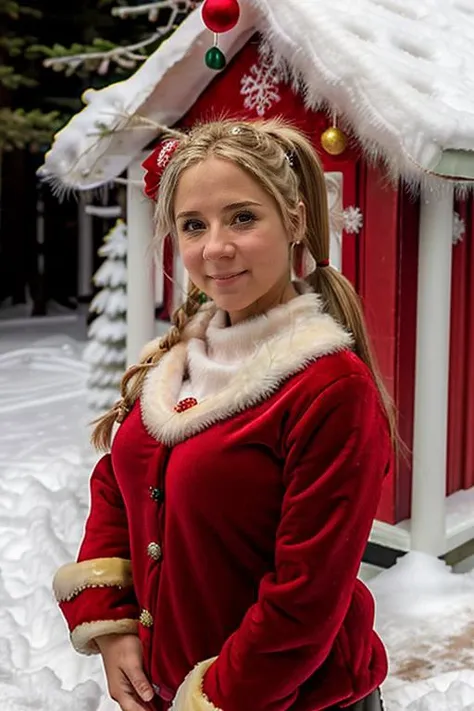 mrs santa claus, santas grotto, north pole, elves, snowmen, candy canes, snow, icicles, <lora:Sarah_Jane_Honeywell:1> masterpiece, best quality, detailed face, 1girl, solo, a young sj1873h, blonde_hair Pig Tail