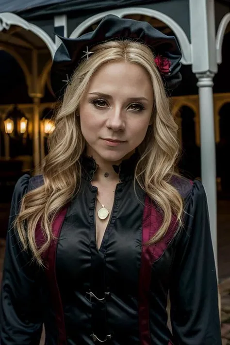 vampire costume , gazebo , day <lora:Sarah_Jane_Honeywell:1> masterpiece,best quality, detailed face, 1girl, solo, sj1873h, blonde_hair