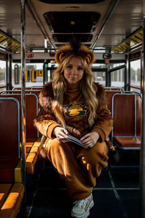 lion costume , bus interior , dusk <lora:Sarah_Jane_Honeywell:1> masterpiece,best quality, detailed face, 1girl, solo, sj1873h, blonde_hair