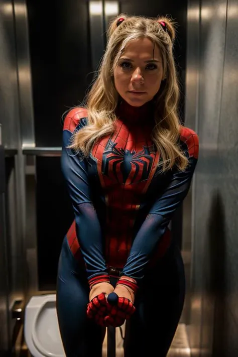 spider-woman costume , toilet stall , night <lora:Sarah_Jane_Honeywell:1> masterpiece,best quality, detailed face, 1girl, solo, sj1873h, blonde_hair