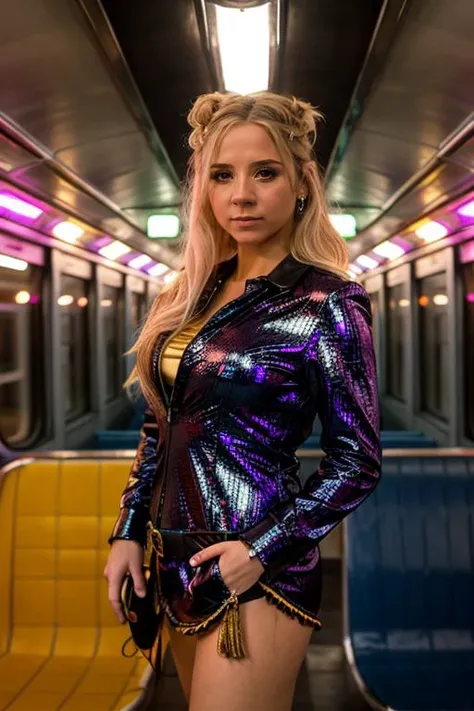 A stunning intricate full color portrait of a blonde woman, wearing Metallic trench coat with bodycon dress and metallic pumpsVintage arcade with classic and holographic games, blue hour, having fun, epic character composition, sharp focus, cyberpunk 2077 screenshot, subsurface scattering, f2, 35mm, film grain, half body shot <lora:BunnyCo:1>