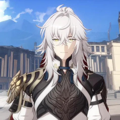 <lora:jingyuan:1>,1boy, yellow eyes, white hair, upper body, outdoors,