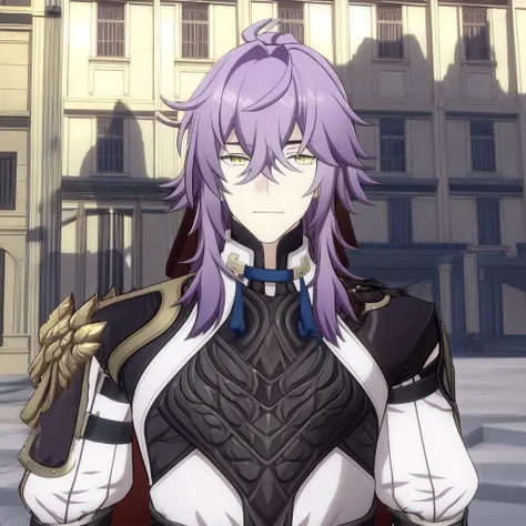 <lora:jingyuan:1>,1boy, yellow eyes,  purple hair, upper body, outdoors,