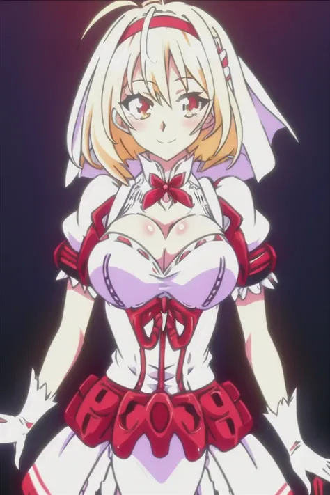 DBFixy in red uniform, solo, orange eyes, blonde hair, ahoge, short hair, light smile, cleavage, bridal veil, spiked hairband, juliet sleeves, white dress, red gloves, clover, highres, insaneres, high quality, official pv, anime screencap, flowing light energy floral and digital bits of data, <lora:elpheltValentineGuilty_v10:0.2> <lora:animeScreencapStyle_v230epochs:0.6>