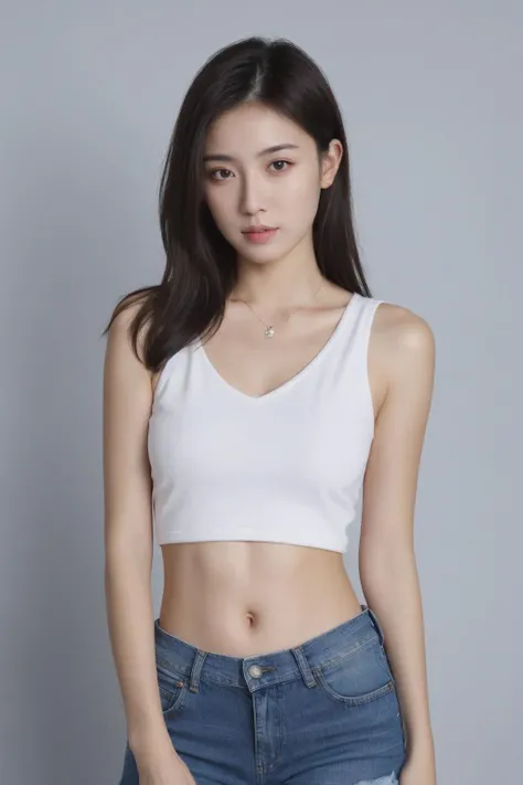 (masterpiece:1.2),best quality,high resolution,unity 8k wallpaper,(illustration:1),beautiful detailed eyes:,extremely detailed face,perfect lighting,photo_\(medium\),photorealistic,realistic,
1girl, solo, shorts, denim, black hair, jewelry, denim shorts, necklace, long hair, midriff, navel, looking at viewer, cutoffs, brown eyes,, short shorts,grey background, white background,5w light,<lora:InstantPhotoX3:0.3>,