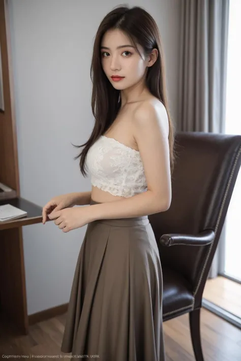 (masterpiece:1.3),best quality,high resolution,unity 8k wallpaper,(illustration:1),perfect lighting,photo_\(medium\),photorealistic,realistic,<lyco:GoodHands-beta2:1>,
finely detail,extremely detailed,soft lighting and shadow,soft yet striking lighting,film grain:1.2,(skin pores:1.2),(detailed skin texture:1),cellphone picture,((solo:1.5)),Detailed face,(see-through:1.1),misty,Low Key:1.1,depth of field,
1girl, solo, long hair, brown eyes, brown hair, skirt, indoors, realistic, standing, breasts, looking at viewer, bare shoulders, black hair, chair, watermark, long skirt