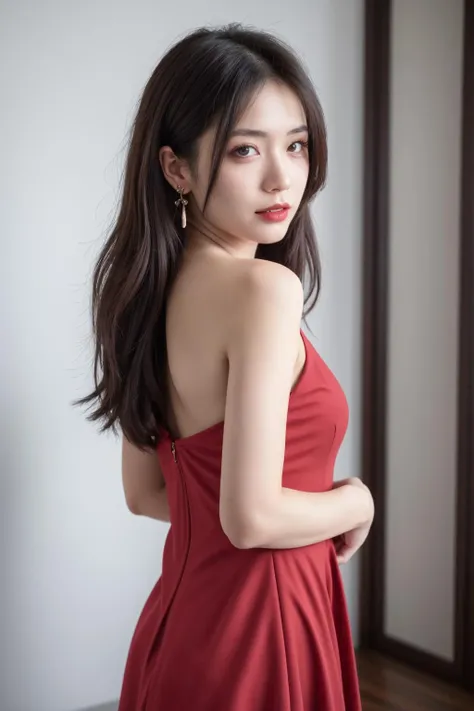 (masterpiece:1.3),best quality,high resolution,unity 8k wallpaper,(illustration:1),perfect lighting,photo_\(medium\),photorealistic,realistic,<lyco:GoodHands-beta2:1>,
finely detail,extremely detailed,soft lighting and shadow,soft yet striking lighting,film grain:1.2,(skin pores:1.2),(detailed skin texture:1),cellphone picture,((solo:1.5)),Detailed face,(see-through:1.1),misty,Low Key:1.1,depth of field,
1girl, solo, dress, red dress, jewelry, earrings, long hair, brown hair, red nails, nail polish, blurry, looking at viewer, brown eyes, blurry background, parted lips, ring, watermark, freckles, realistic, red lips, indoors, hand on own chest, mole, web address, side slit