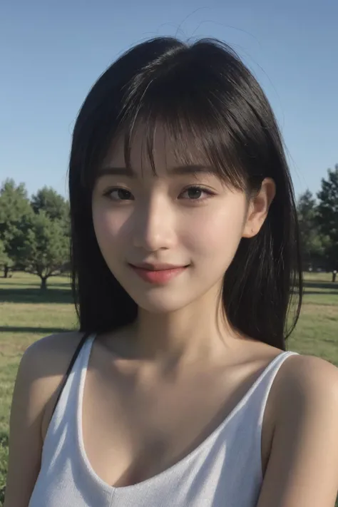 (masterpiece:1.3),best quality,high resolution,unity 8k wallpaper,(illustration:1),perfect lighting,photo_\(medium\),photorealistic,realistic,
finely detail,extremely detailed,soft lighting and shadow,soft yet striking lighting,film grain:1.2,(skin pores:1.2),(detailed skin texture:1.1),
1girl, solo, black hair, long hair, realistic, outdoors, sky, looking to the side, day, black eyes, blurry, blue sky, blurry background, upper body, smile, lips, looking away, sleeveless, bare shoulders, closed mouth, bangs,<lora:InstantPhotoX3:0.3>,