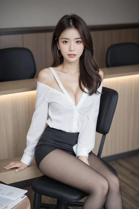 (masterpiece:1.3),best quality,high resolution,unity 8k wallpaper,(illustration:1),perfect lighting,photo_\(medium\),photorealistic,realistic,<lyco:GoodHands-beta2:1>,
finely detail,extremely detailed,soft lighting and shadow,soft yet striking lighting,film grain:1.2,(skin pores:1.2),(detailed skin texture:1),cellphone picture,((solo:1.5)),Detailed face,(see-through:1.1),misty,Low Key:1.1,depth of field,
1girl, solo, brown hair, underwear, breasts, bra, pantyhose, skirt, black bra, high heels, long hair, shirt, sitting, cleavage, office lady, desk, indoors, white shirt, black footwear, office, off shoulder, brown eyes, earrings, realistic, jewelry, legs, looking at viewer, open shirt, pencil skirt, open clothes, chair, arm support, medium breasts