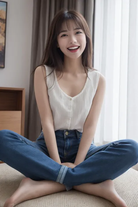 (masterpiece:1.3),best quality,high resolution,unity 8k wallpaper,(illustration:1),perfect lighting,photo_\(medium\),photorealistic,realistic,
1girl,
realistic pale skin,wet spot,blush,
1girl,solo,denim,jeans,pants,realistic,brown hair,sitting,shirt,long hair,smile,teeth,looking at viewer,barefoot,white shirt,indian style,window,open mouth,grin,