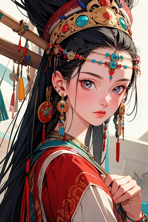 <lora:彩é2:0.9>,mn,jewelry,black hair,earrings,looking at viewer,1girl,long hair,