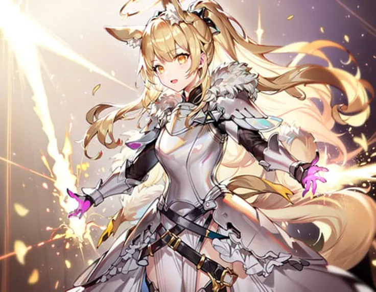 masterpiece, best quality, high resolution,
solo, 1girl, blond hair, yellow eyes, ponytail, animal ears, tail,
OriginalOutfit1, light armor, plate armor,
standing, ((((sparking lighting glowing)))), sparking throned halo, light particles, glowing hair, best night light effect, feather, glowing knight hologram,
ray tracing, ((((golden fluent waving around, golden energy current flowing around)))), purple glove,
<lora:ArknightsBlemishine:0.8>, blonde hair,