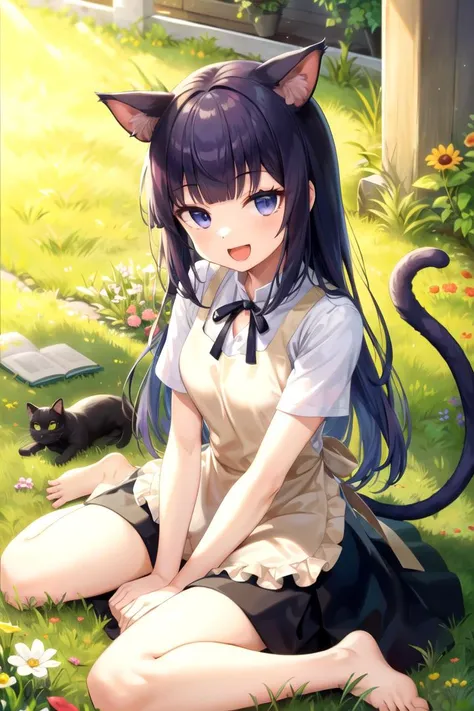 masterpiece, best quality, 1girl, <lyco:Aoi-000008:1.0>, yamada aoi, white shirt, ribbon, apron, skirt, (animal ears, cat ears, cat tail), barefoot, knees up, sitting, looking at viewer, grass, smile, outdoors, sunlight, dappled sunlight, day, depth of field, open mouth, w, wariza