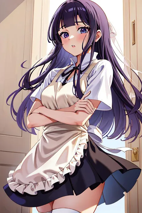 masterpiece, best quality, 1girl, solo, cowboy shot, withLora(Aoi_loha,0.9), yamada aoi, white shirt, popped collar, ribbon, apron, skirt, short sleeves, thighhighs, black thighhighs, crossed arms, cafe