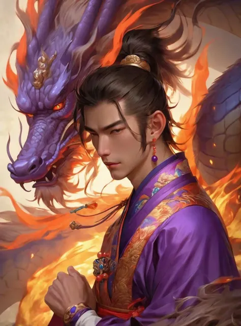 Best quality, masterpiece, ultra high resolution, 1 man's portrait close-up, real skin, jewelry, solo, Chinese clothing, armor, (Purple Flame: 1.2), Chinese dragon, blurry, realistic, CG game, Chinese Zen Buddhism
<lora:YoungXia-000008:0.7>