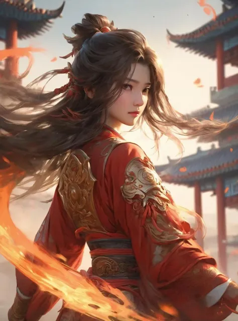 Best quality, masterpiece, ultra high resolution, 1 girl, flowing hair, realistic skin, dynamic movements, solo, Chinese clothing, armor, (Flame: 1.2), moon, blurry, realistic, CG game, Chinese Zen
<lora:YoungXia-000008:0.7>