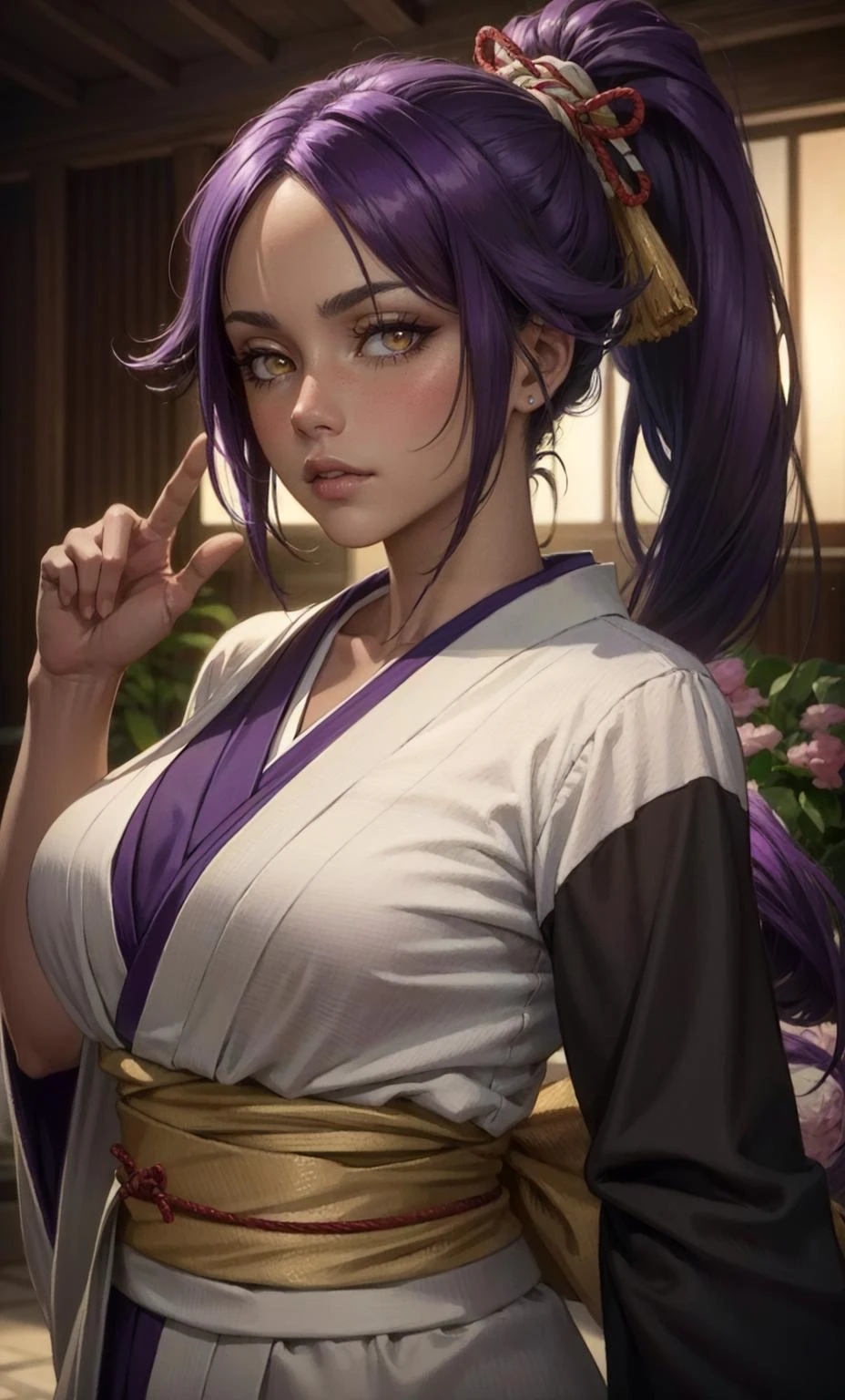 <lora:shihouin_yoruichi-10:0.7> ,yoruichi, dark-skinned female, dark skin, purple hair, yellow eyes, kimono, photorealistic, octane render, best quality, looking at viewer, looking down, sharp focus, (8k), (4k), (Masterpiece), (Best Quality), (realistic skin texture), extremely detailed, intricate, hyper detailed, , illustration, soft lighting, , high resolution, sharp detail, blush