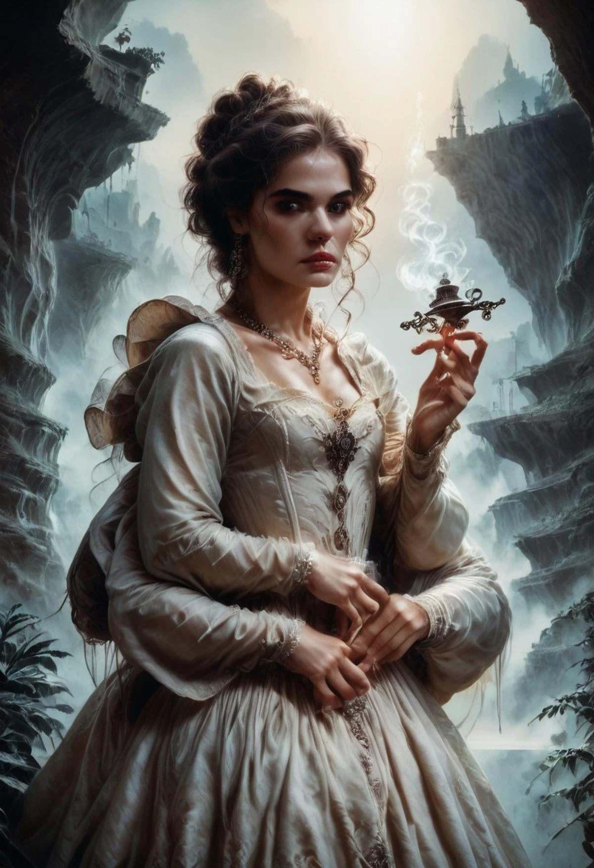 score_9, score_8_up, score_7_up, rating_safe,
concept art, realistic, dark theme, low light, dvr-gs, Portrait, 1girl, solo, HAROQUE2.
Lush curly white hair.
long dress, Diamond necklace.
(4arm). ((4 arms:1.2)).
medieval castle ballroom, haze, fog, candles, incense.