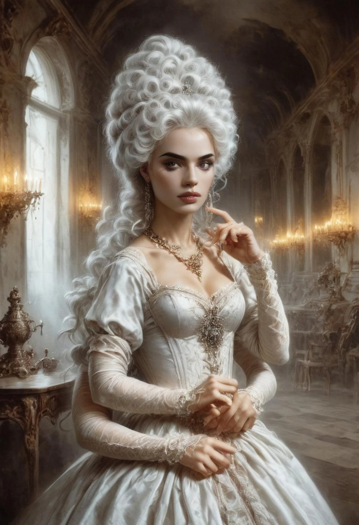 score_9, score_8_up, score_7_up, rating_safe, Fixhand,
concept art, realistic, dark theme, low light, dvr-gs, Portrait, 1girl, solo, HAROQUE2.
curly ((white)) hair.
long dress, Diamond necklace.
(4arm). ((4 arms:1.2)).
medieval castle ballroom, haze, fog, candles, incense.
