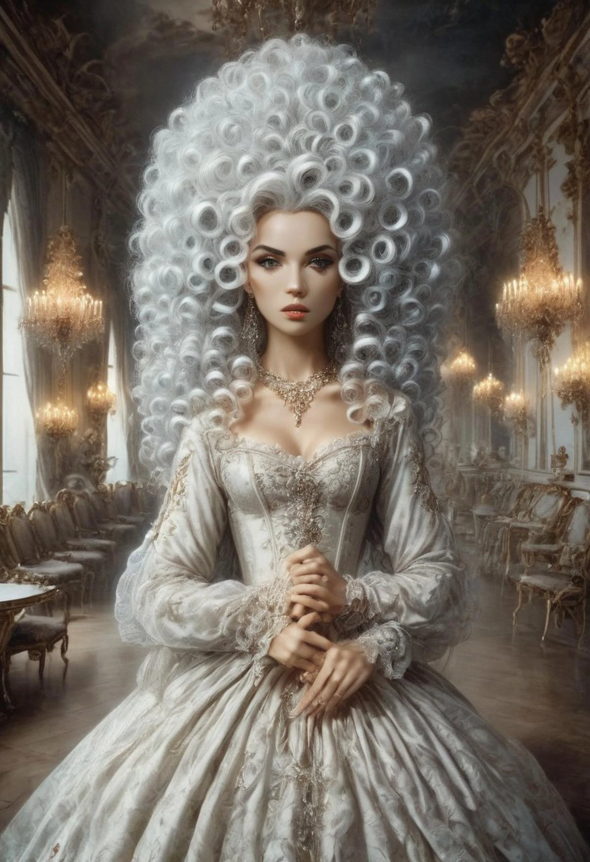 score_9, score_8_up, score_7_up, rating_safe, Fixhand,
concept art, realistic, dark theme, low light, dvr-gs, Portrait, 1girl, solo, HAROQUE2.
((Lush curly white hair)).
long dress, Diamond necklace.
(4arm). ((4 arms:1.2)).
medieval castle ballroom, haze, fog, candles, incense.