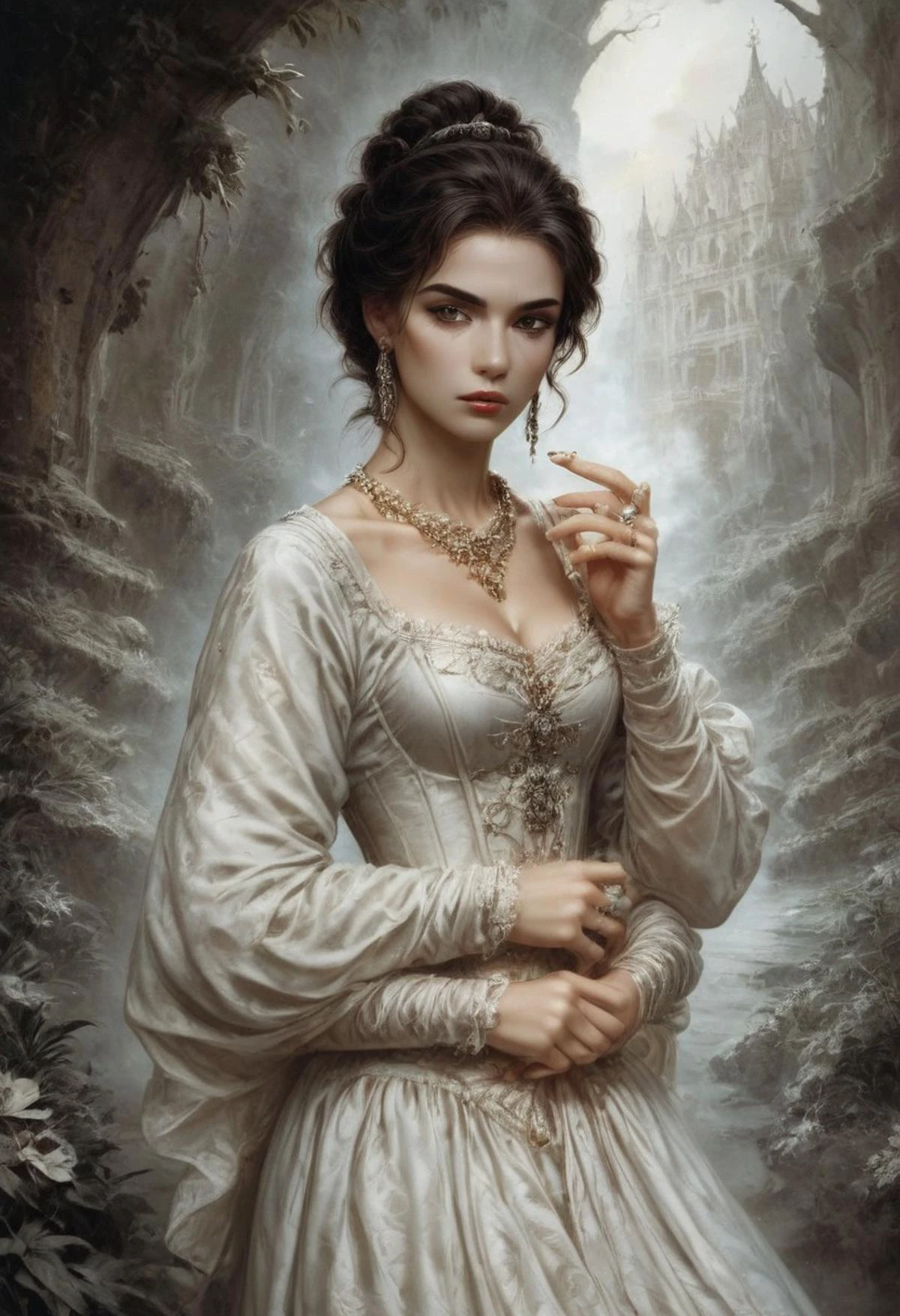 score_9, score_8_up, score_7_up, rating_safe, Fixhand,
concept art, realistic, dark theme, low light, dvr-gs, Portrait, 1girl, solo, HAROQUE2.
Lush curly white hair.
long dress, Diamond necklace.
(4arm). ((4 arms:1.2)).
medieval castle ballroom, haze, fog, candles, incense.
